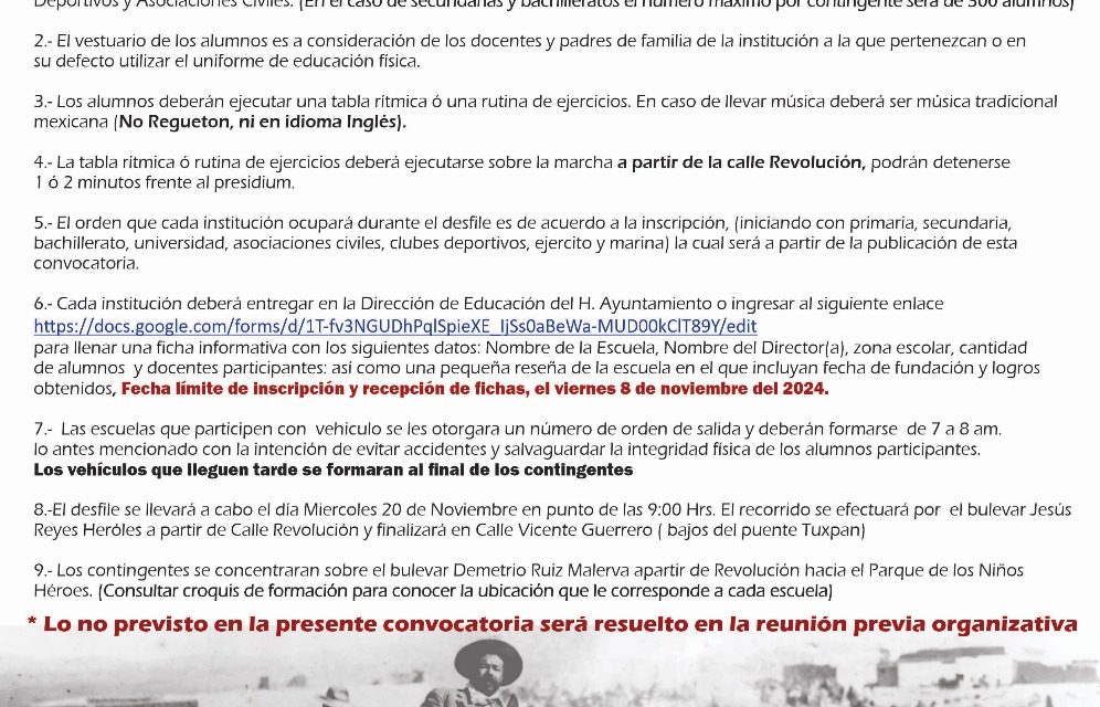 Lanzan convocatoria para desfile por el 114 aniversario del Inicio de la Revolución Mexicana