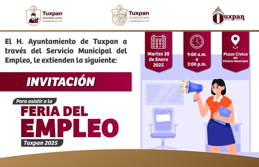 Feria del Empleo en Tuxpan, este martes 28 de enero en la Plaza Cívica, a partir de las 9:00 horas