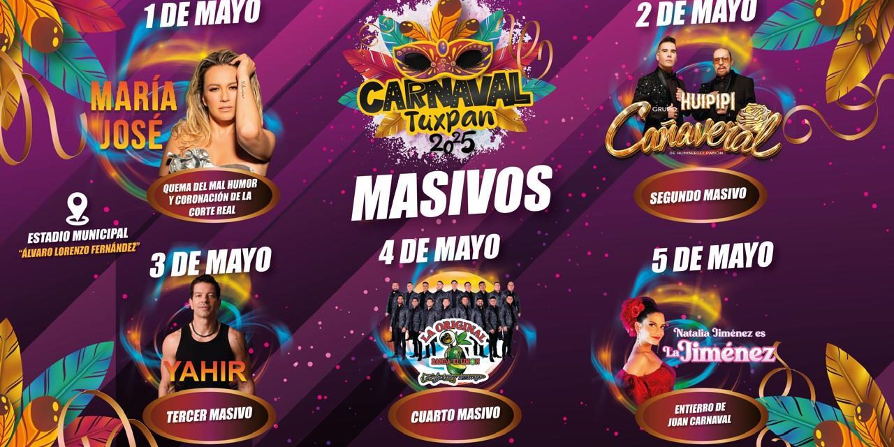 María José, Cañaveral, Yahir, La Original Banda El Limón y Natalia Jiménez, estarán presentes en el Carnaval Tuxpan 2025