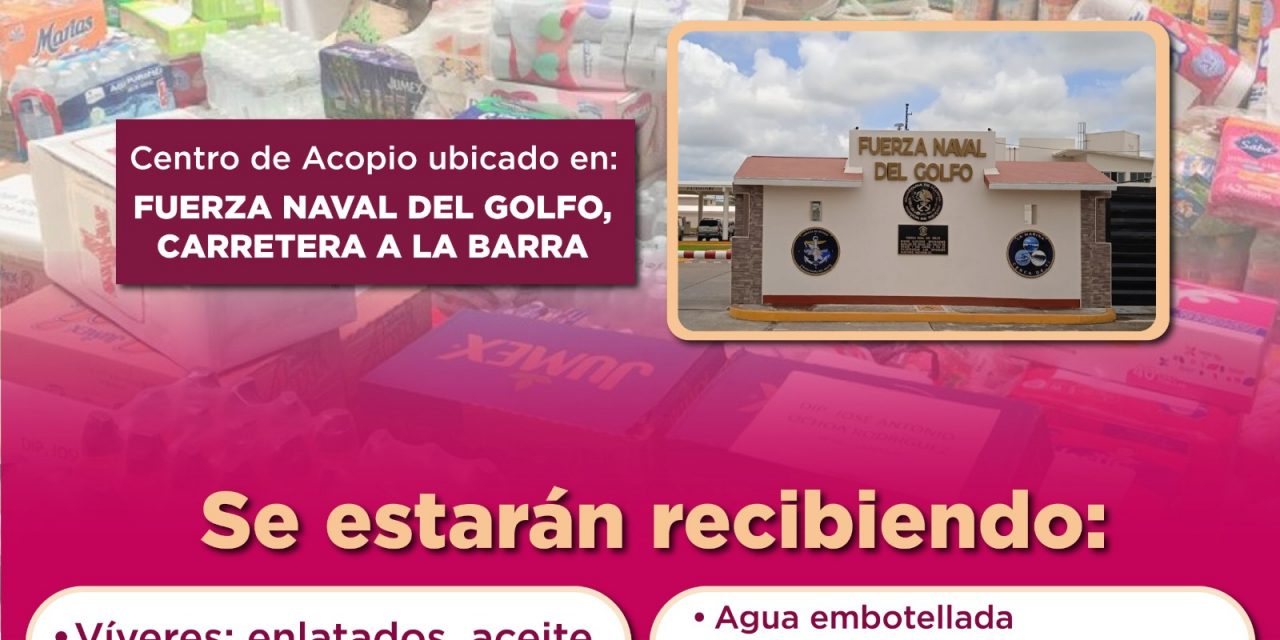 La Fuerza Naval del Golfo invita a la ciudadanía tuxpeña a donar víveres en apoyo a los damnificados por el huracán Erick.