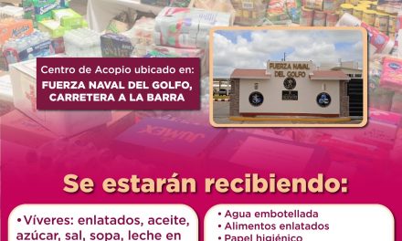 La Fuerza Naval del Golfo invita a la ciudadanía tuxpeña a donar víveres en apoyo a los damnificados por el huracán Erick.