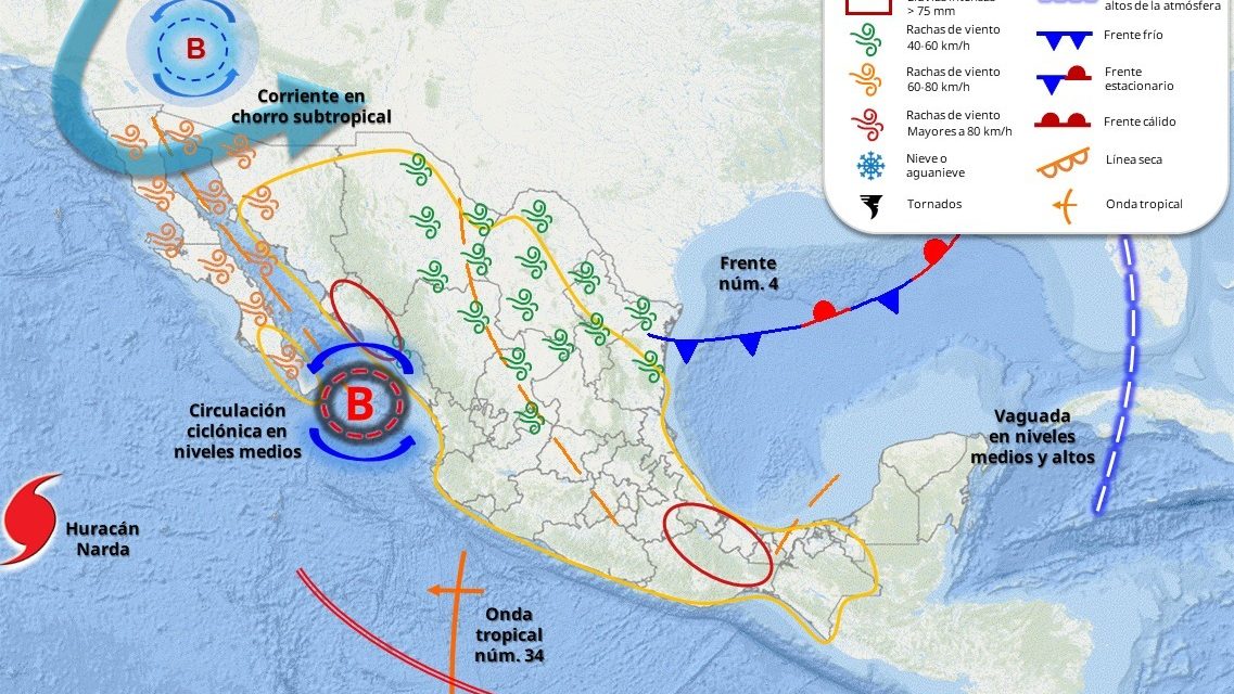 Se pronostican lluvias este fin de semana debido al Frente Frío 4 y un canal de baja presión. Se recomienda estar atentos y tomar previsiones.