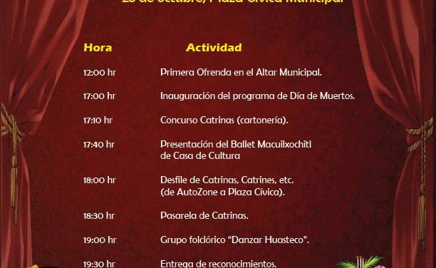 Pasarela de catrinas, encuentro de malinches, desfile de Día de Muertos, concurso de catrinas (cartonería) y muchas actividades más, este 28 de octubre en Plaza Cívica