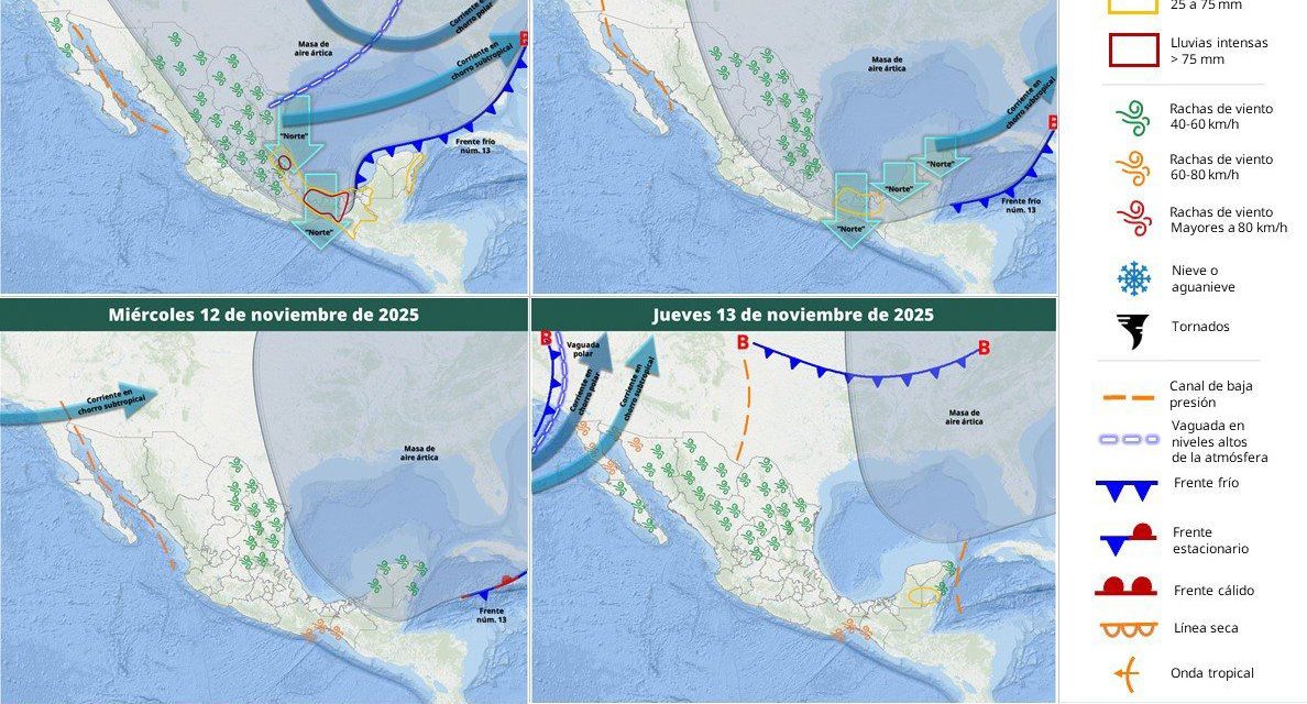 Tome precauciones por lluvia, “Norte” y frío, asociados al Frente Frío 13 y su masa de aire ártico, esta noche de domingo y mañana lunes