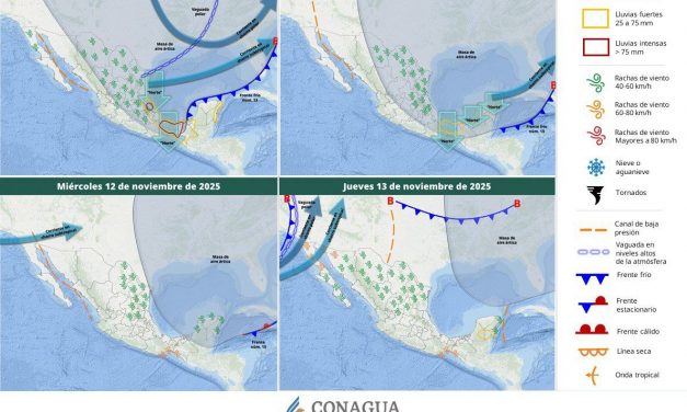 Tome precauciones por lluvia, “Norte” y frío, asociados al Frente Frío 13 y su masa de aire ártico, esta noche de domingo y mañana lunes