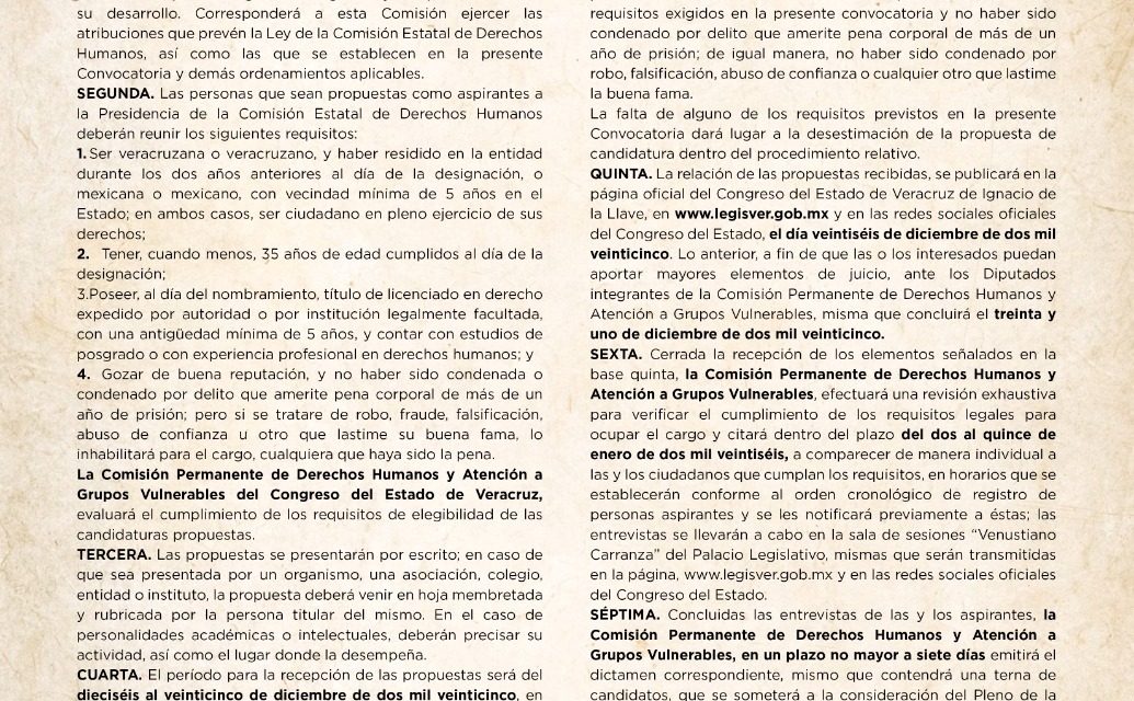 Emite Comisión la convocatoria para designar titular de la CEDH