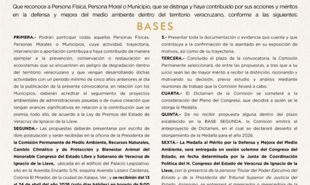 Emite Comisión convocatoria para entrega del Premio al Mérito Ambiental 2026