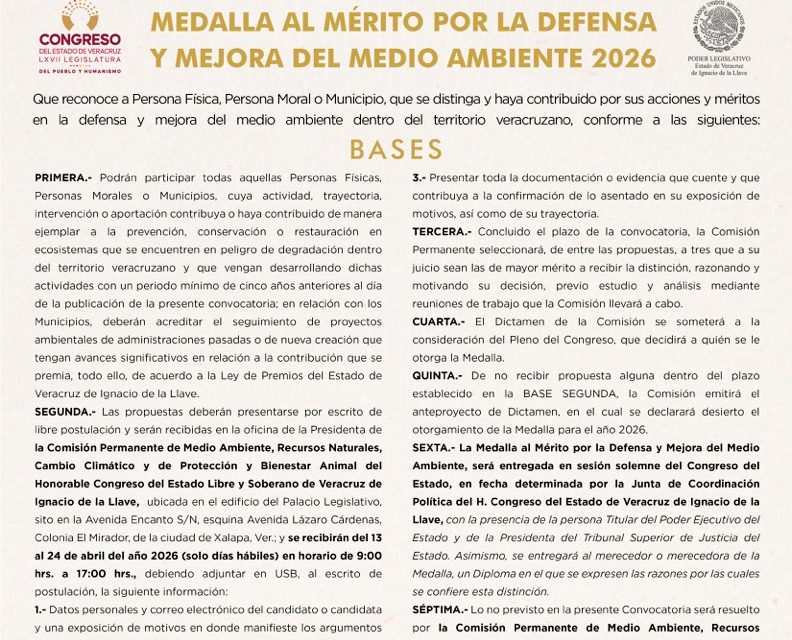 Emite Comisión convocatoria para entrega del Premio al Mérito Ambiental 2026